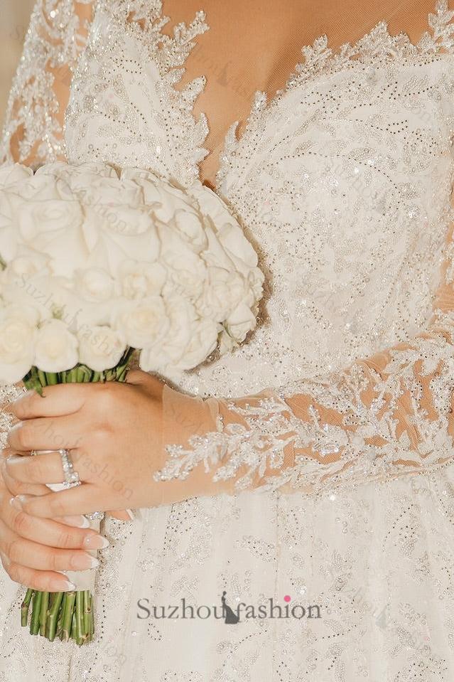 White Wedding Dress V Neck Lace Sequined Ball Gown Long Sleeves Cathedral Train Bridal Gown