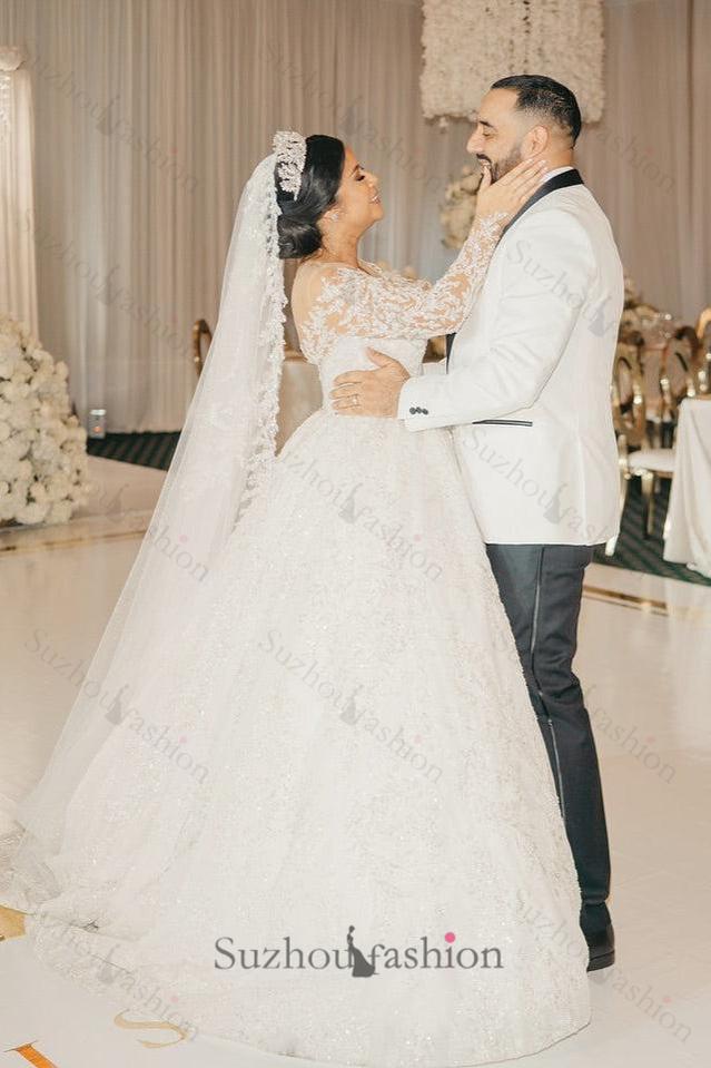 White Wedding Dress V Neck Lace Sequined Ball Gown Long Sleeves Cathedral Train Bridal Gown