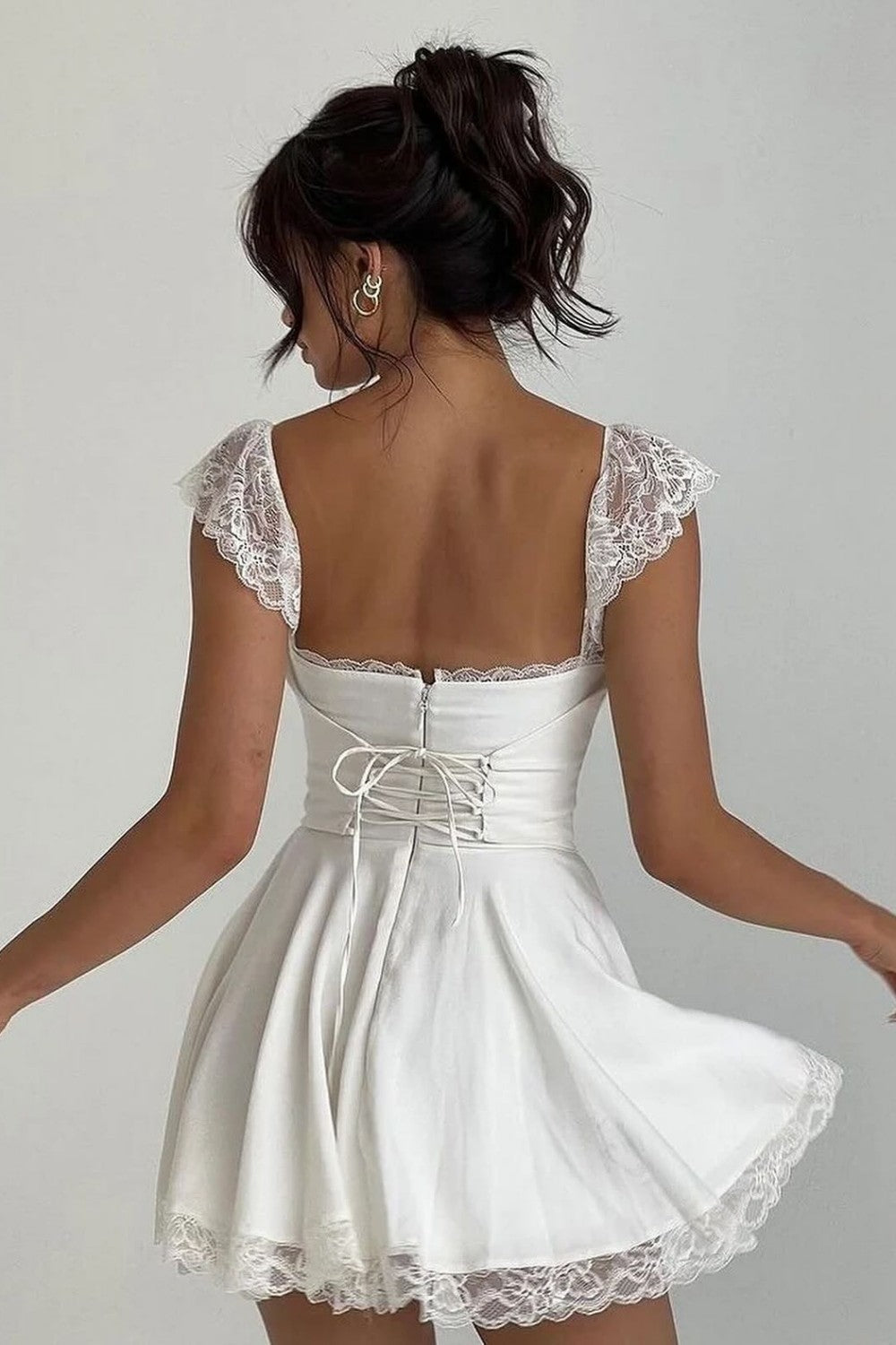 White Lace Trim A-Line Square Neck Homecoming Dress with Corset Back