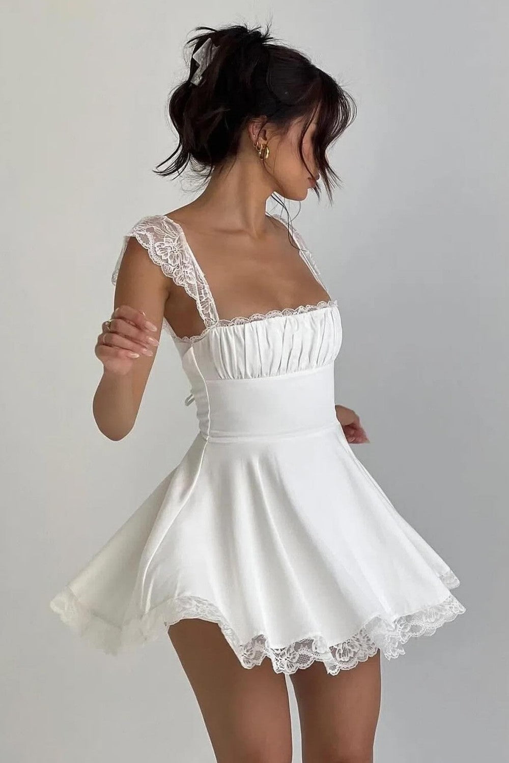 White Lace Trim A-Line Square Neck Homecoming Dress with Corset Back