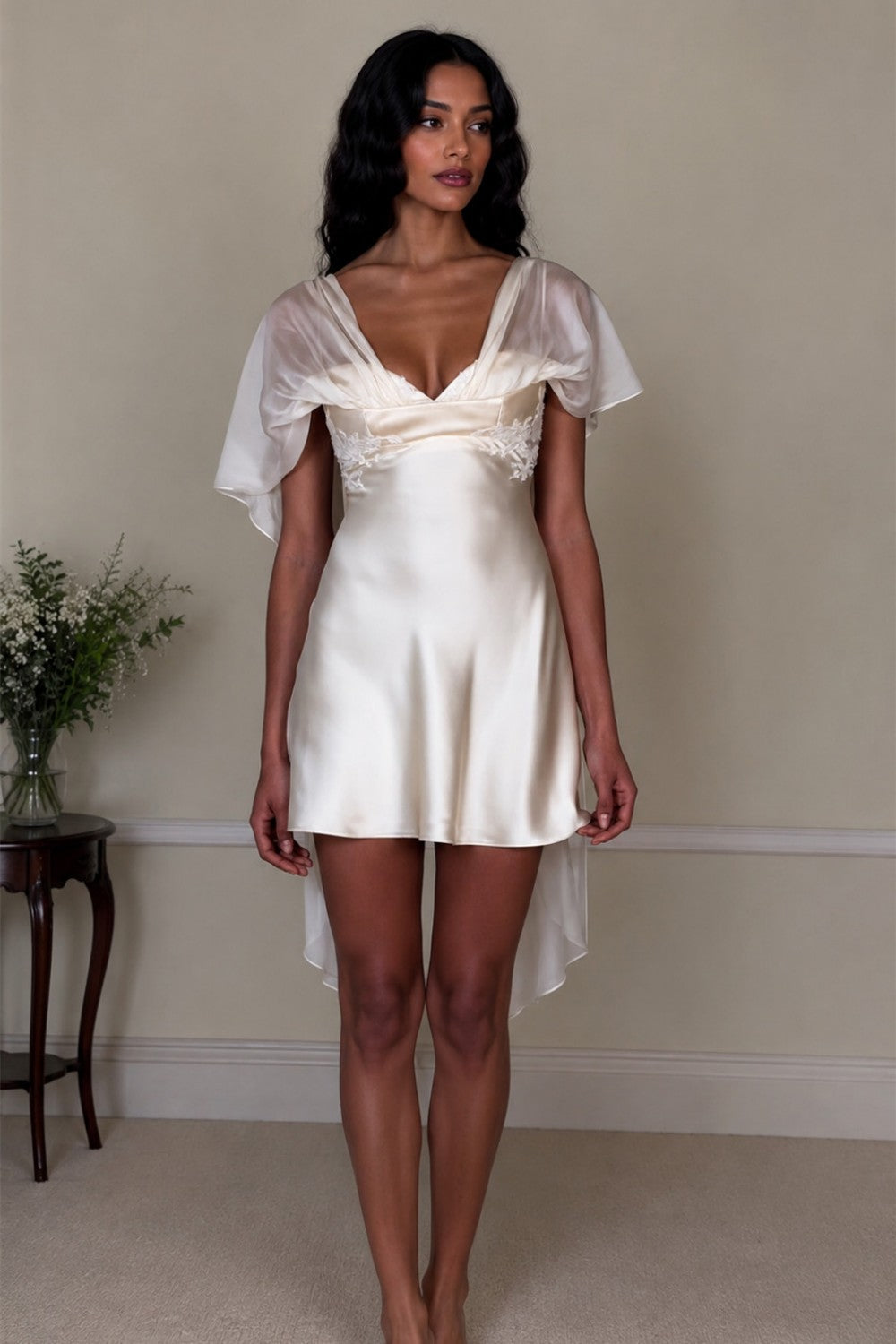 White Satin Homecoming Dress with Deep V-Neck and Flowy Sheer Sleeves