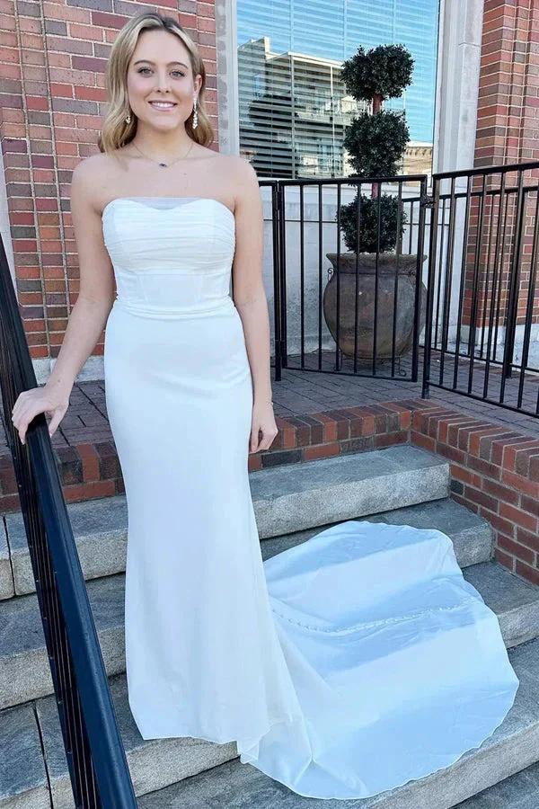 White Strapless Mermaid Long Modest Wedding Dress WD705 by pgmdress