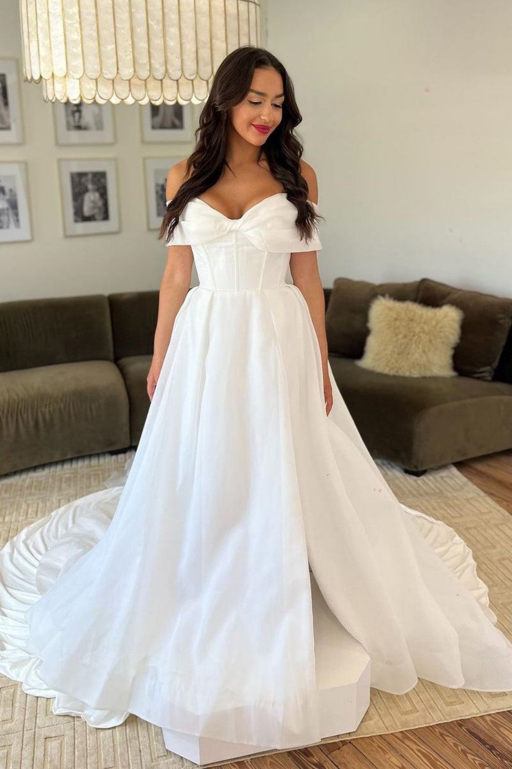 Elegant A Line Off the Shoulder White Wedding Dress with Bowknot - VelvetHem