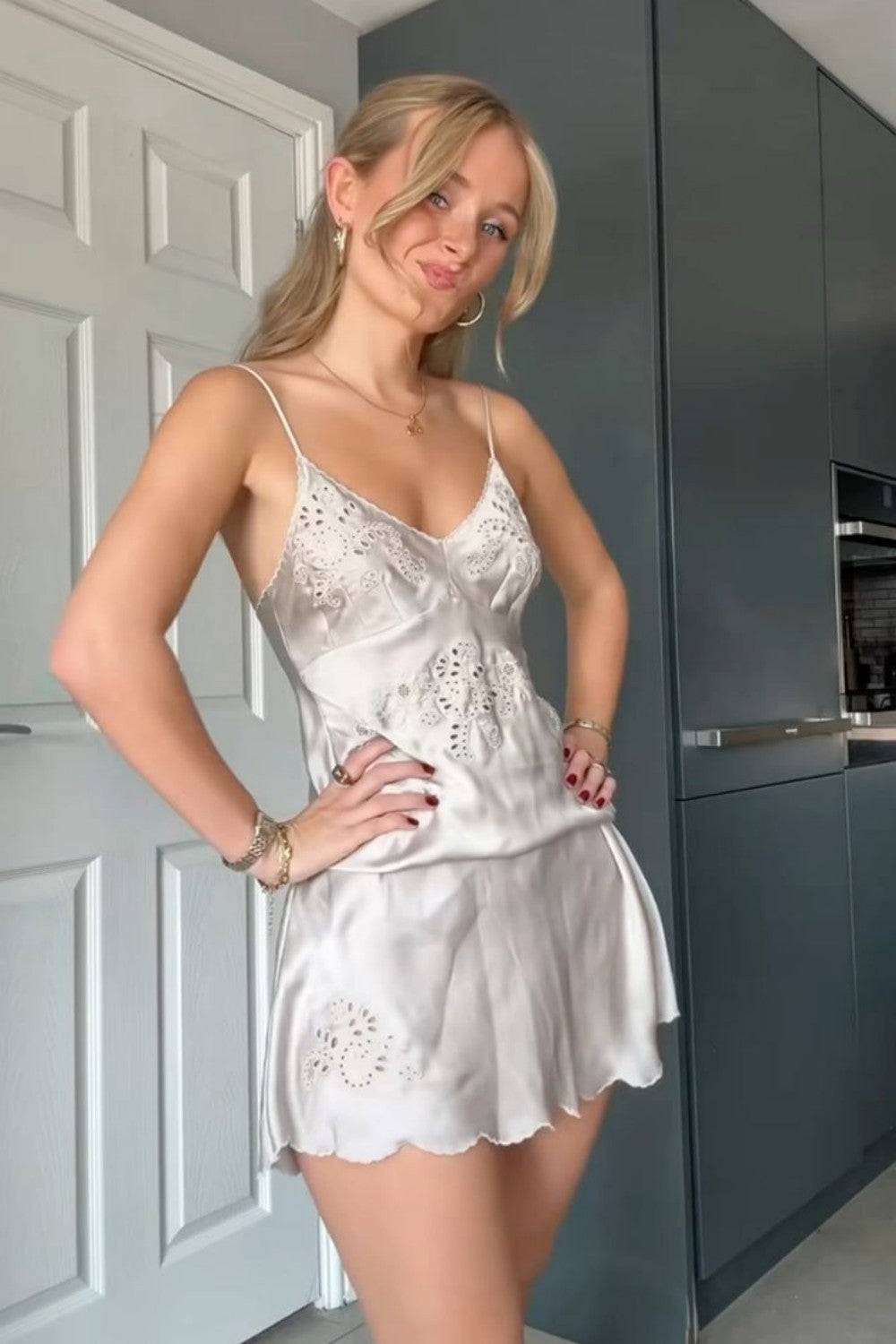 White Satin Spaghetti Straps Eyelet Embroidered Cami Mini Homecoming Dress