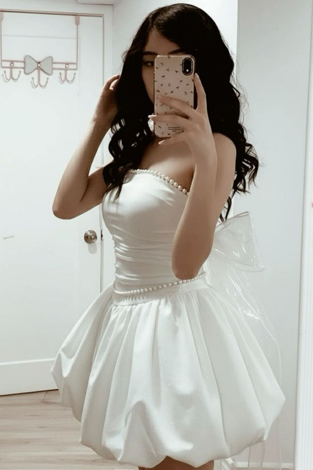 White Strapless Pearl Trim Satin Bubble Hem Mini Homecoming Dress