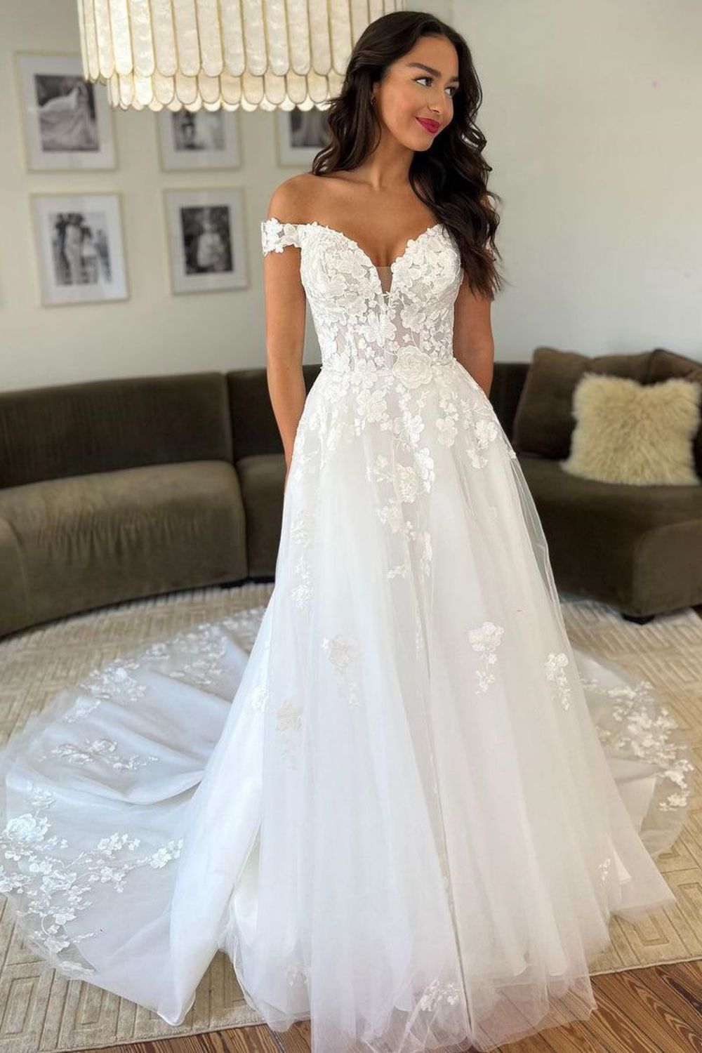 Charming A Line Off the Shoulder White Wedding Dress with Appliques - VelvetHem
