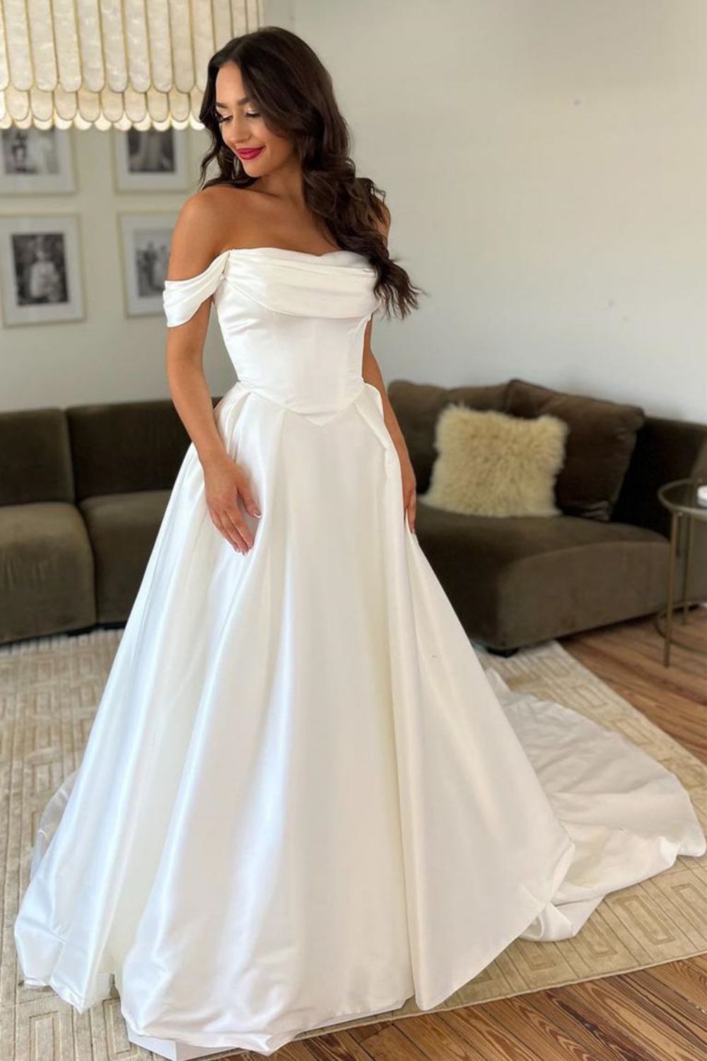 Elegant A Line Off the Shoulder White Wedding Dress with Train - VelvetHem