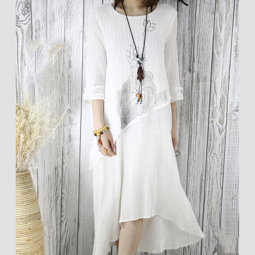 White layered summer dress linen maxi dresses half sleeve traveling clothing