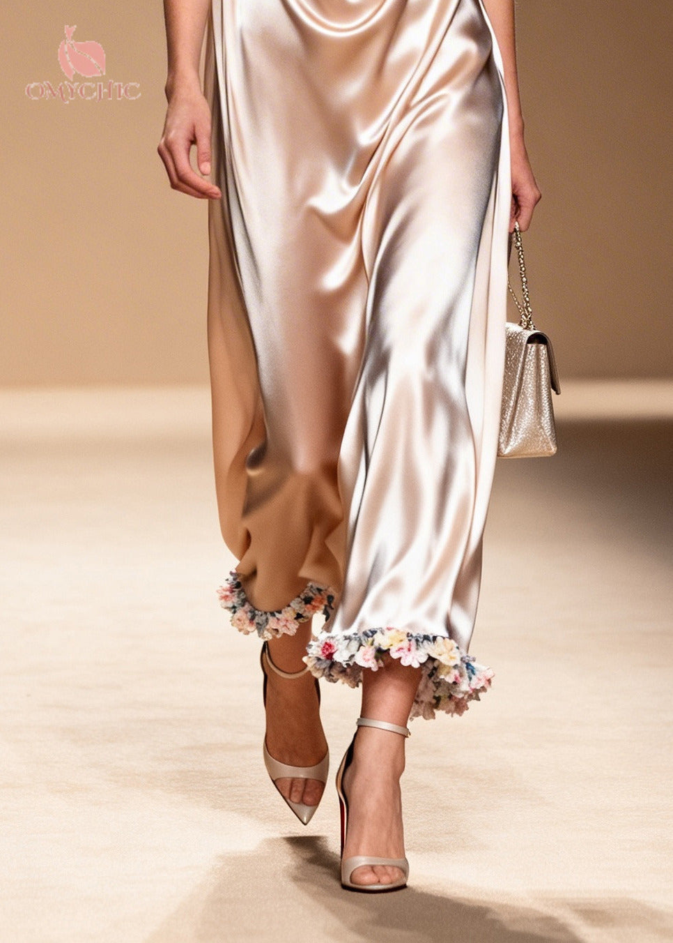 Women Apricot V Neck Floral Silk Maxi Dress Sleeveless