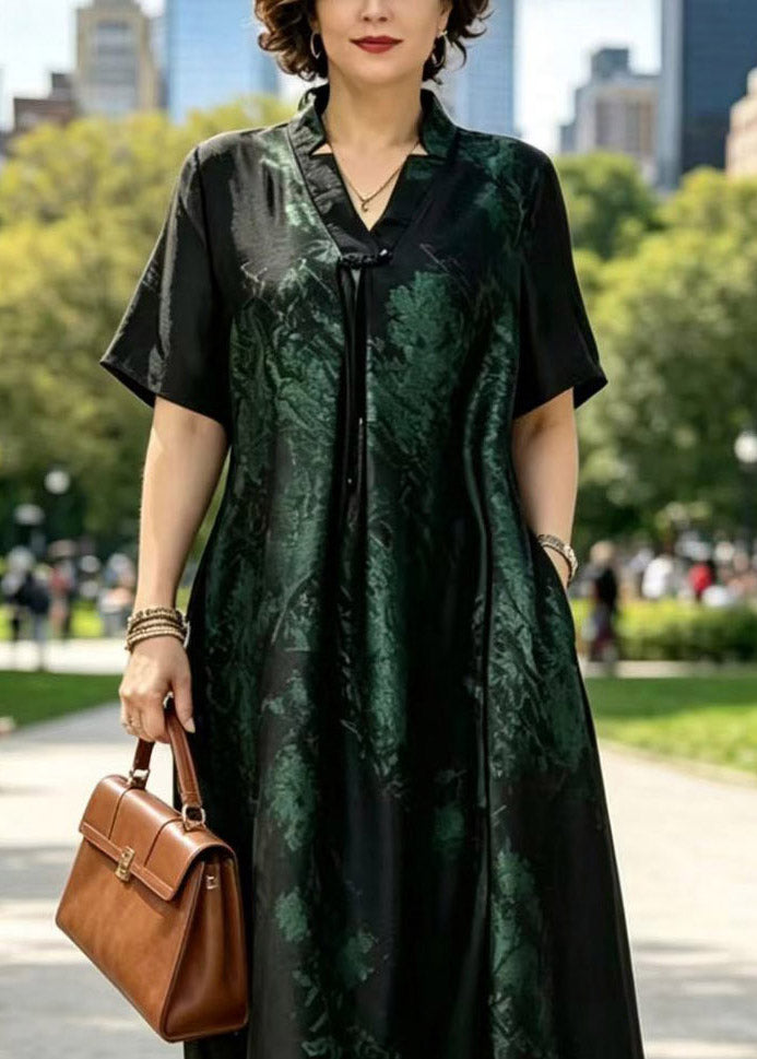 Women Black Gold V Neck Wrinkled Patchwork Silk Long Dresses Summer