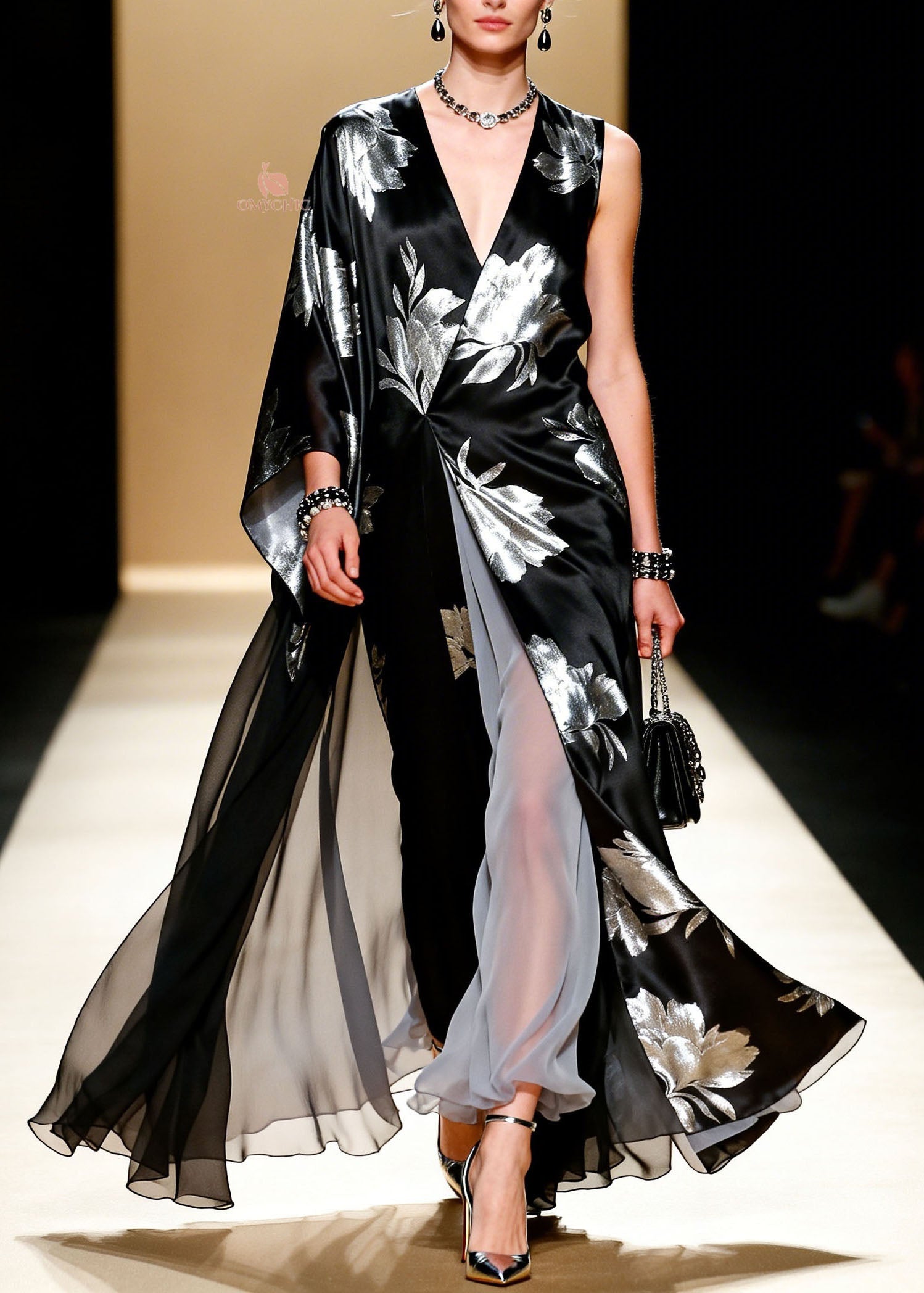 Women Black V Neck Asymmetrical Design Patchwork Chiffon Dress Summer