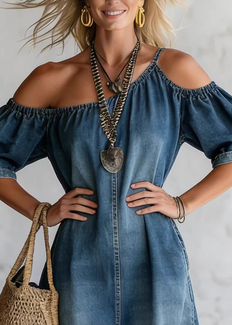 Women Blue Cold Shoulder Side Open Patchwork Denim Dresses Summer