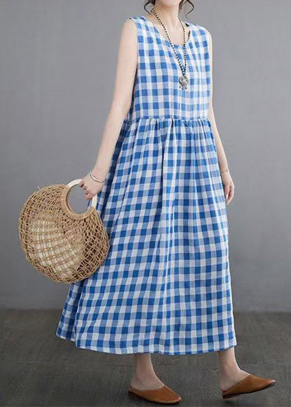 Women Blue Plaid Patchwork Maxi Dresses Sleeveless
