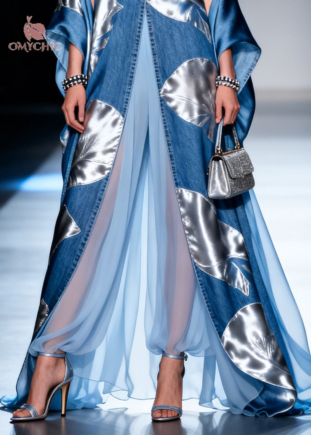 Women Blue Print Patchwork Exra Large Hem Denim A Line Dresses Summer