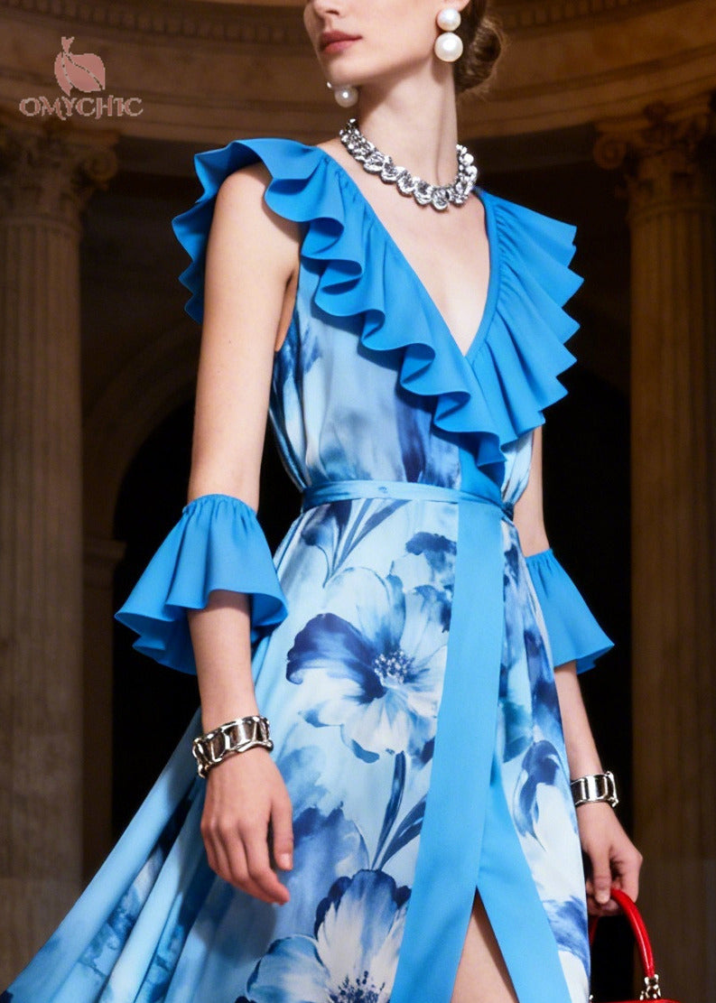 Women Blue Ruffled Print Chiffon Vacation Dress Sleeveless