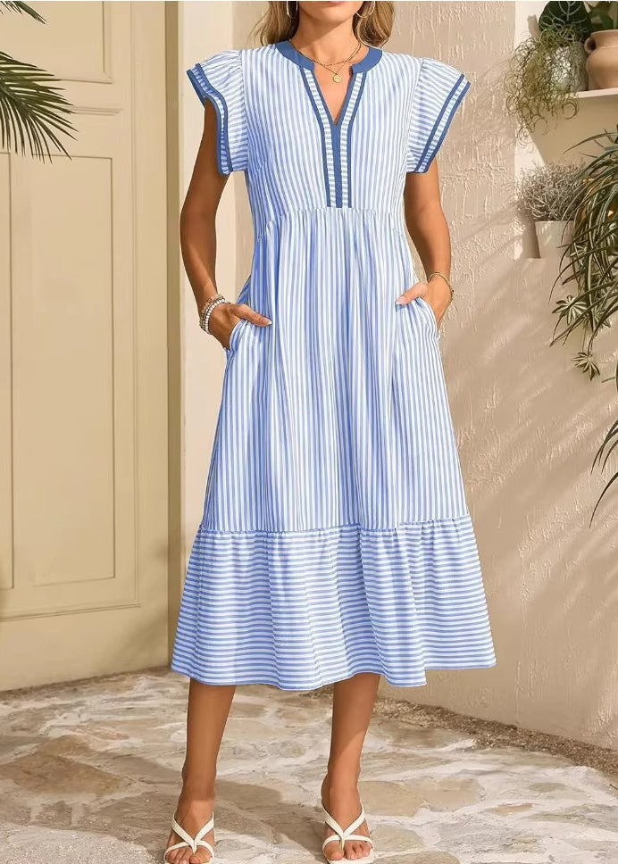 Women Blue Ruffled Striped Patchwork Cotton Dress Summer