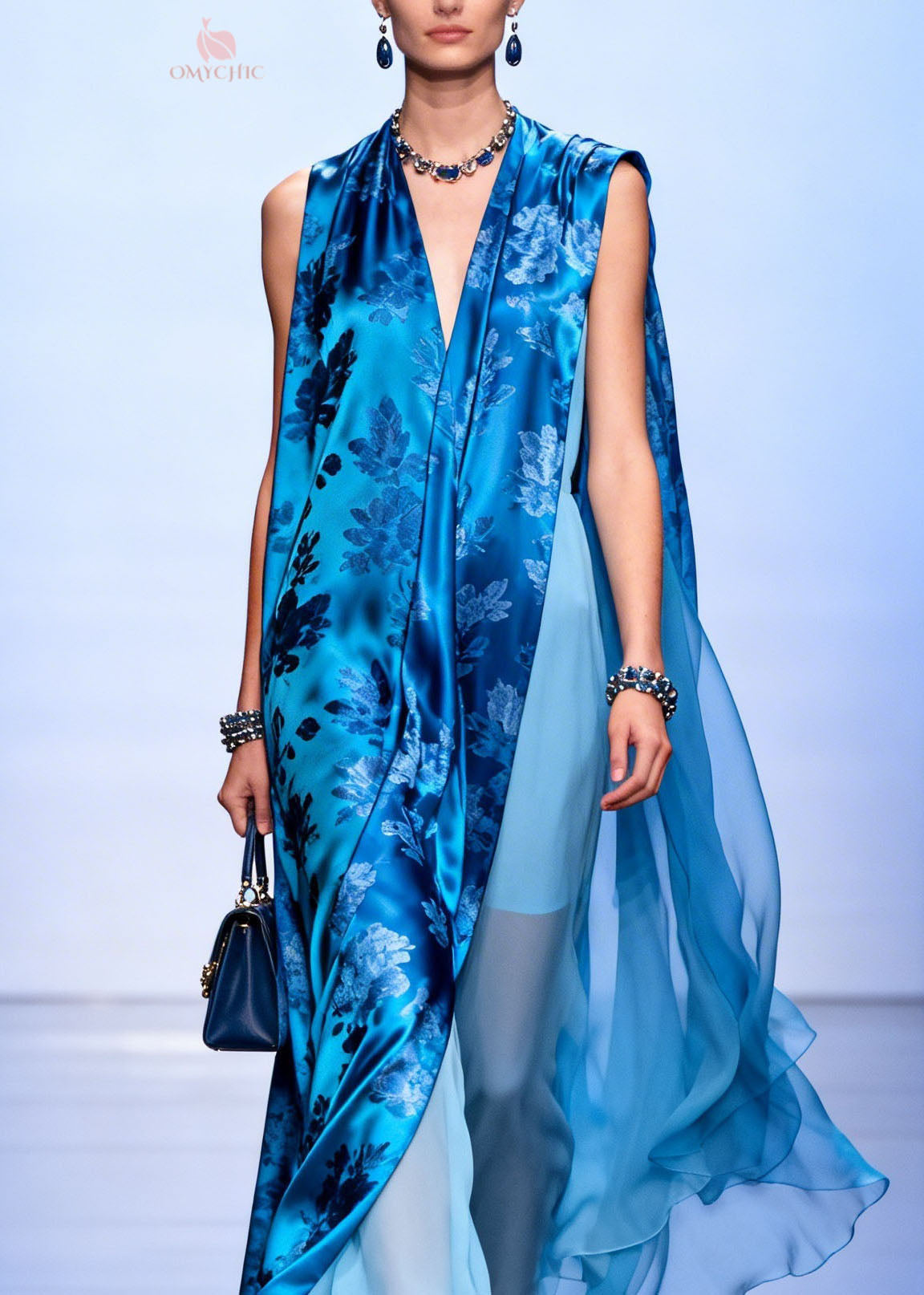 Women Blue V Neck Asymmetrical Design Print Silk Dresses Sleeveless