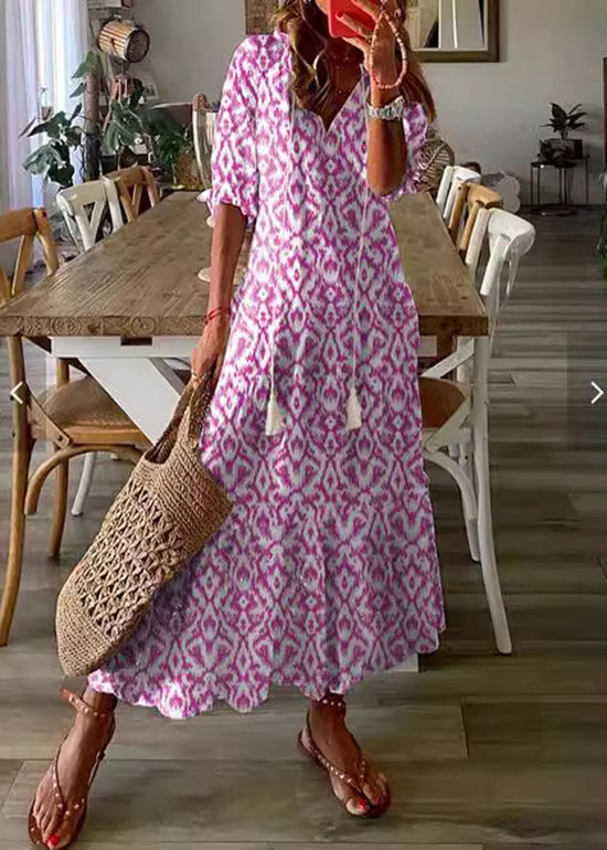 Women Blue V Neck Print Boho Cotton Long Dresses Summer