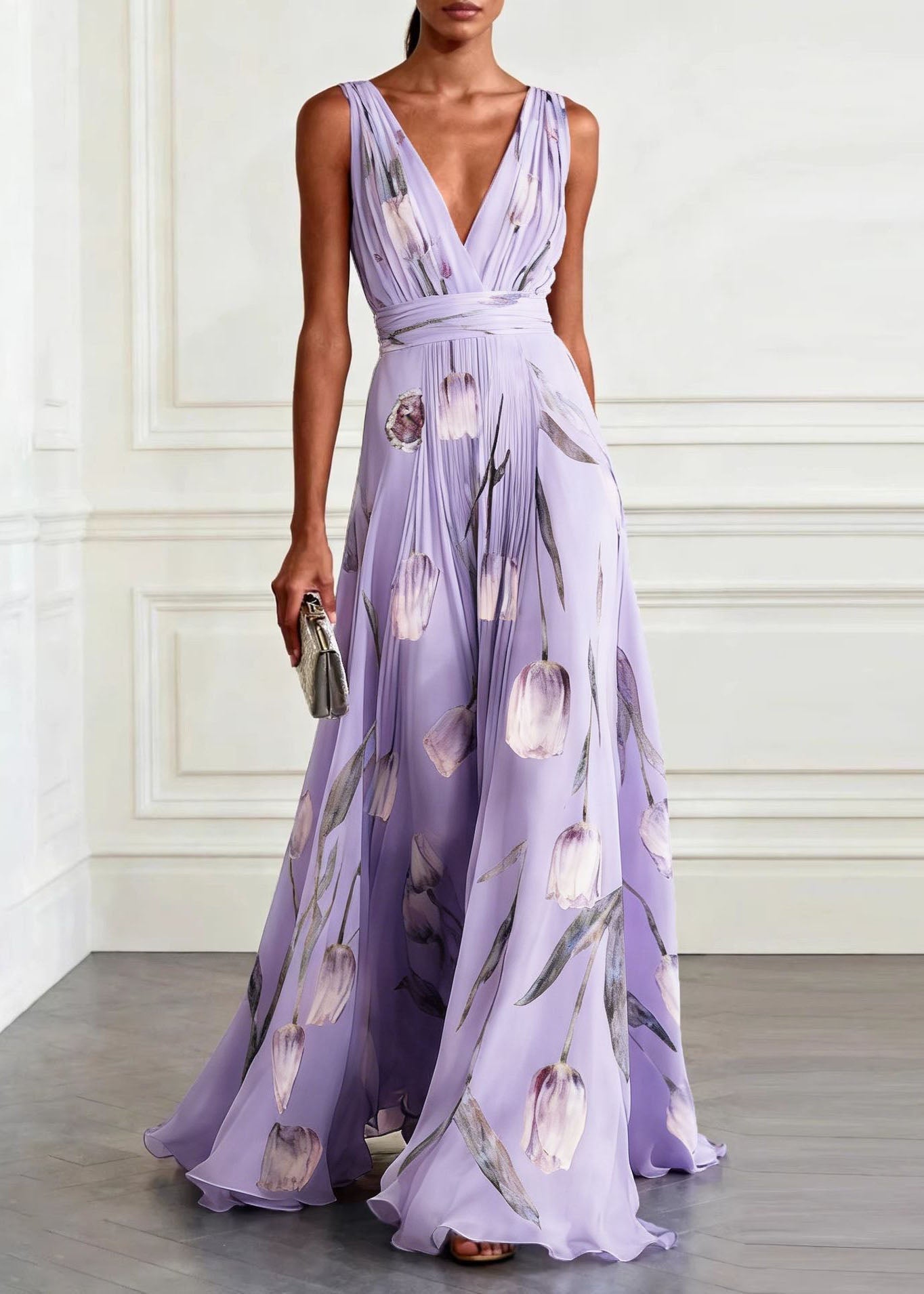 Women Blue V Neck Print Chiffon Long Dress Sleeveless