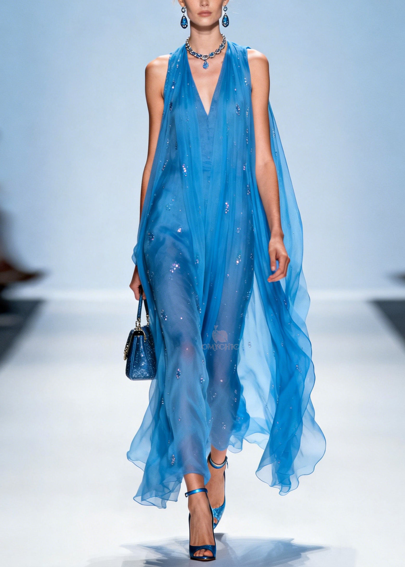 Women Blue V Neck Zircon Chiffon Dresses Sleeveless