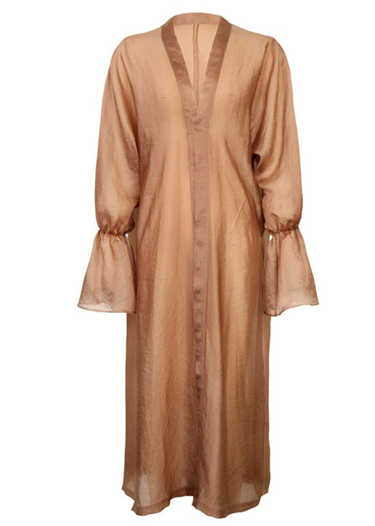Women Brown V Neck Silk Long Cardigans And Slip Dress Two Piece Set Summer