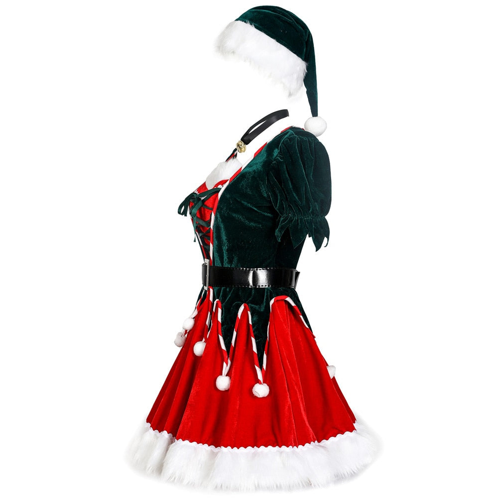 Christmas Santa Claus Costume Funny Green Elf Cosplay 5Pcs Set