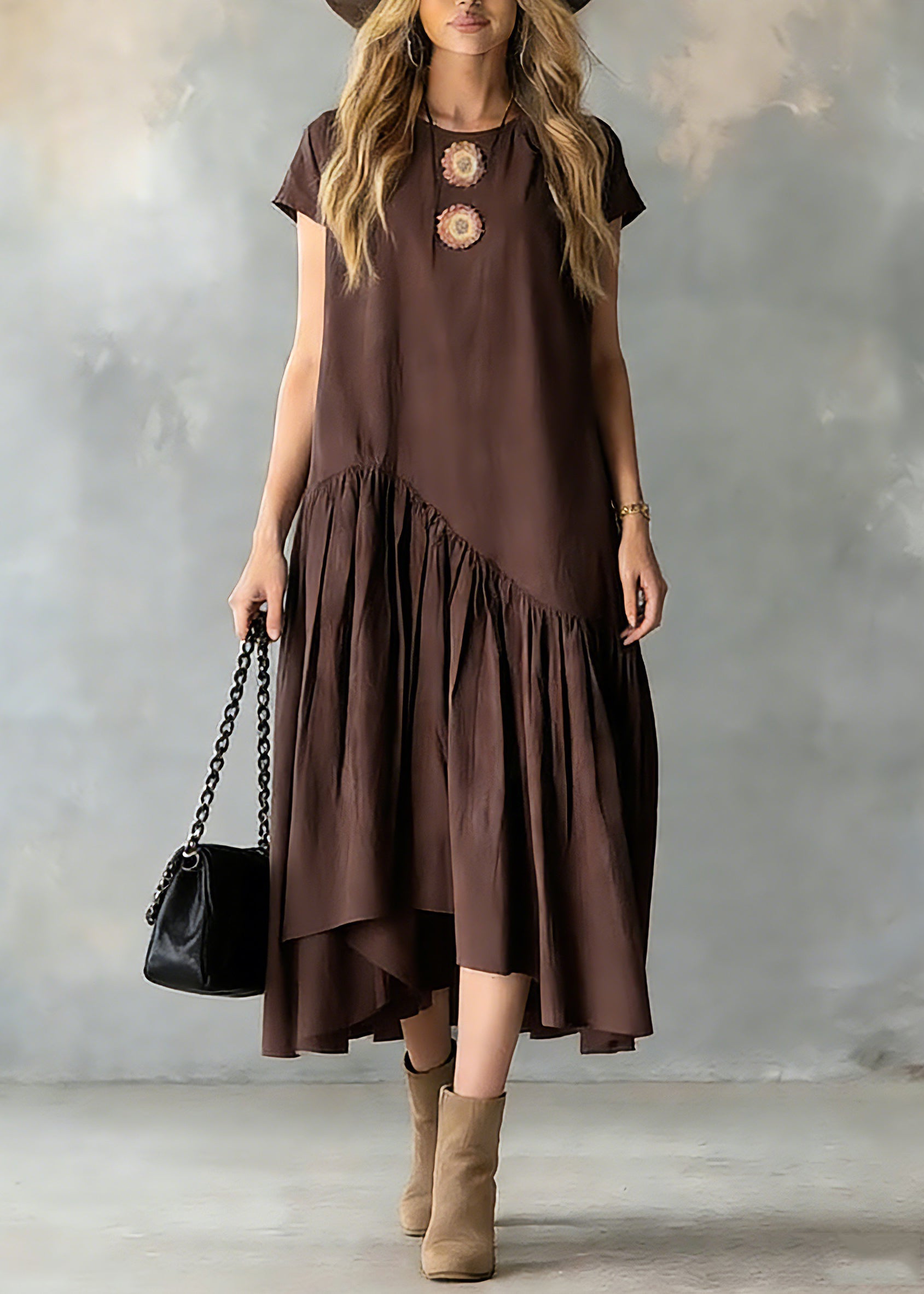 Women Coffee O-Neck Wrinkled Patchwork Long Dresses Short Sleeve