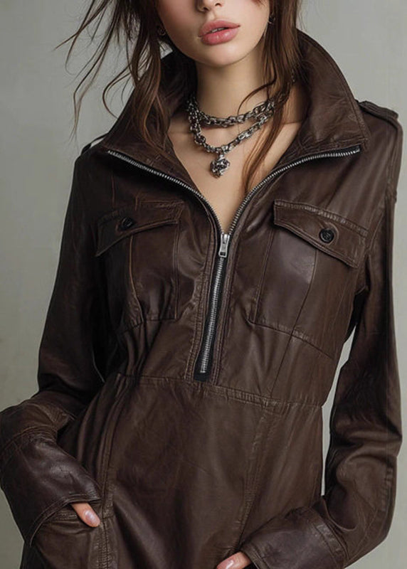 Women Coffee Peter Pan Collar Zippered Patchwork Faux Leather Mid Dress Spring
