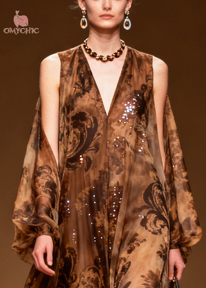 Women Coffee Print Sparkly Silk Vestidos Dresses Summer