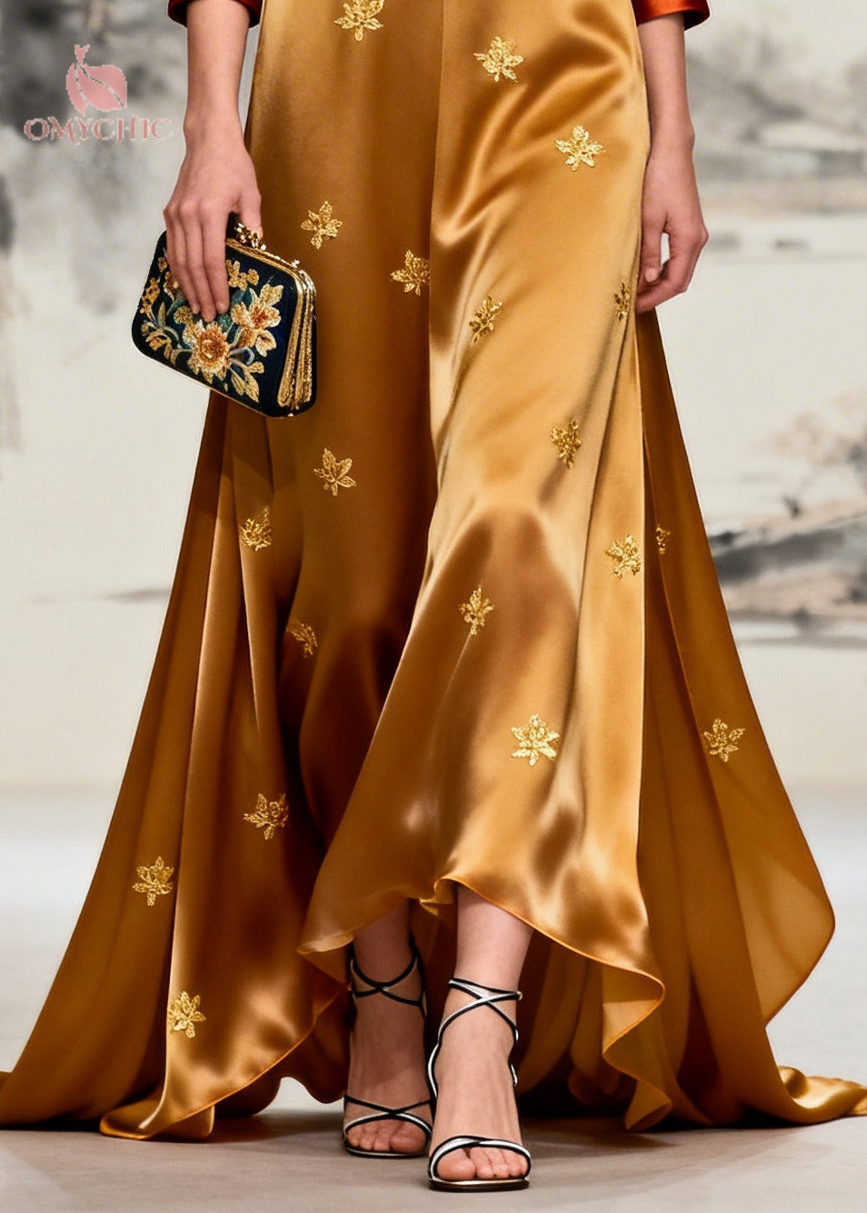 Women Coffee V Neck Patchwork Print Silk Maxi Dresses Long Sleeve