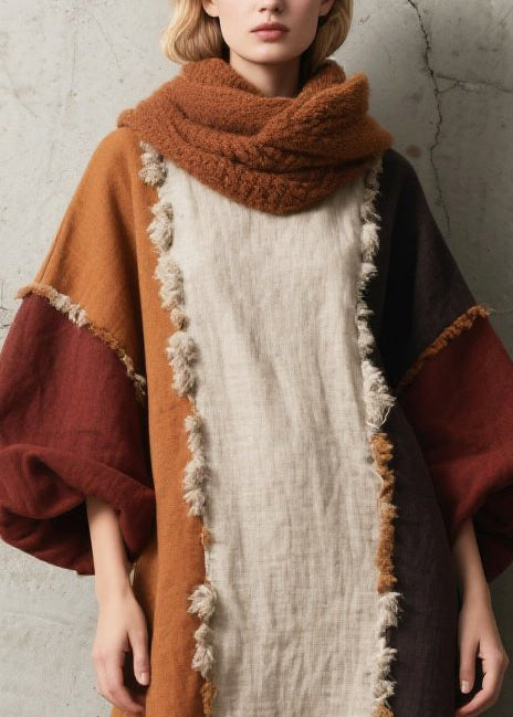 Women Colorblock Asymmetrical Patchwork Faux Fur Dress Lantern Sleeve
