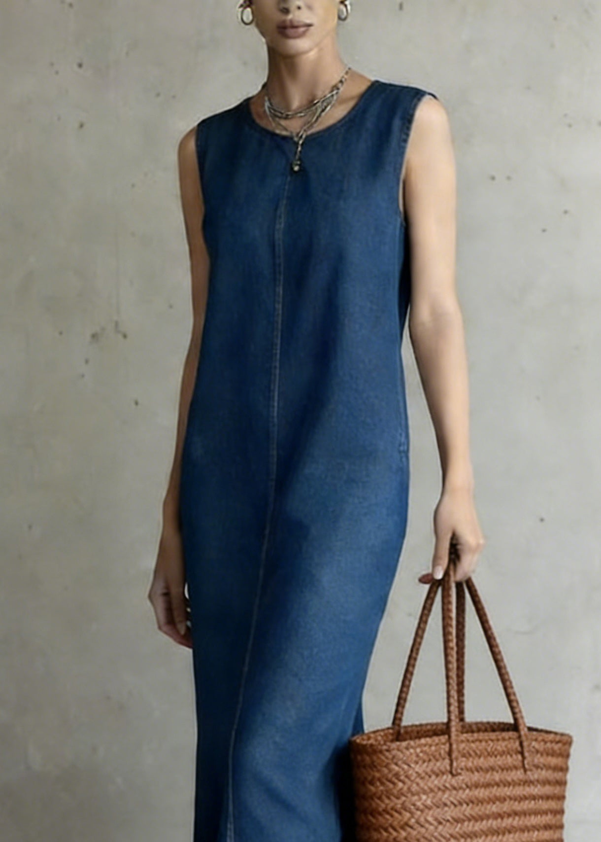 Women Denim Blue O-Neck Patchwork Long Dress Summer