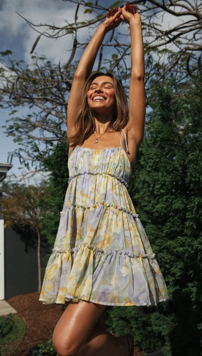 Square Collar Sleeveless LaceUp Chiffon Holiday Midi Dress