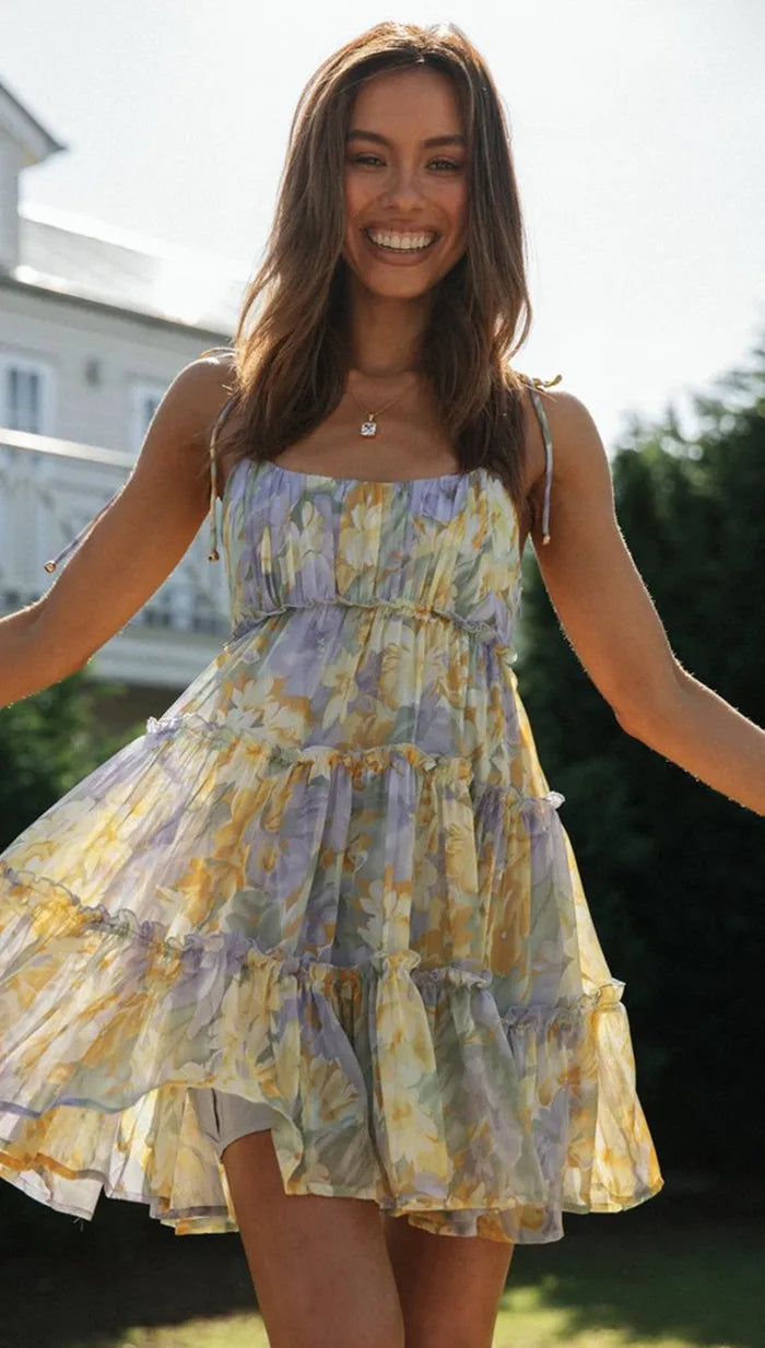 Square Collar Sleeveless LaceUp Chiffon Holiday Midi Dress
