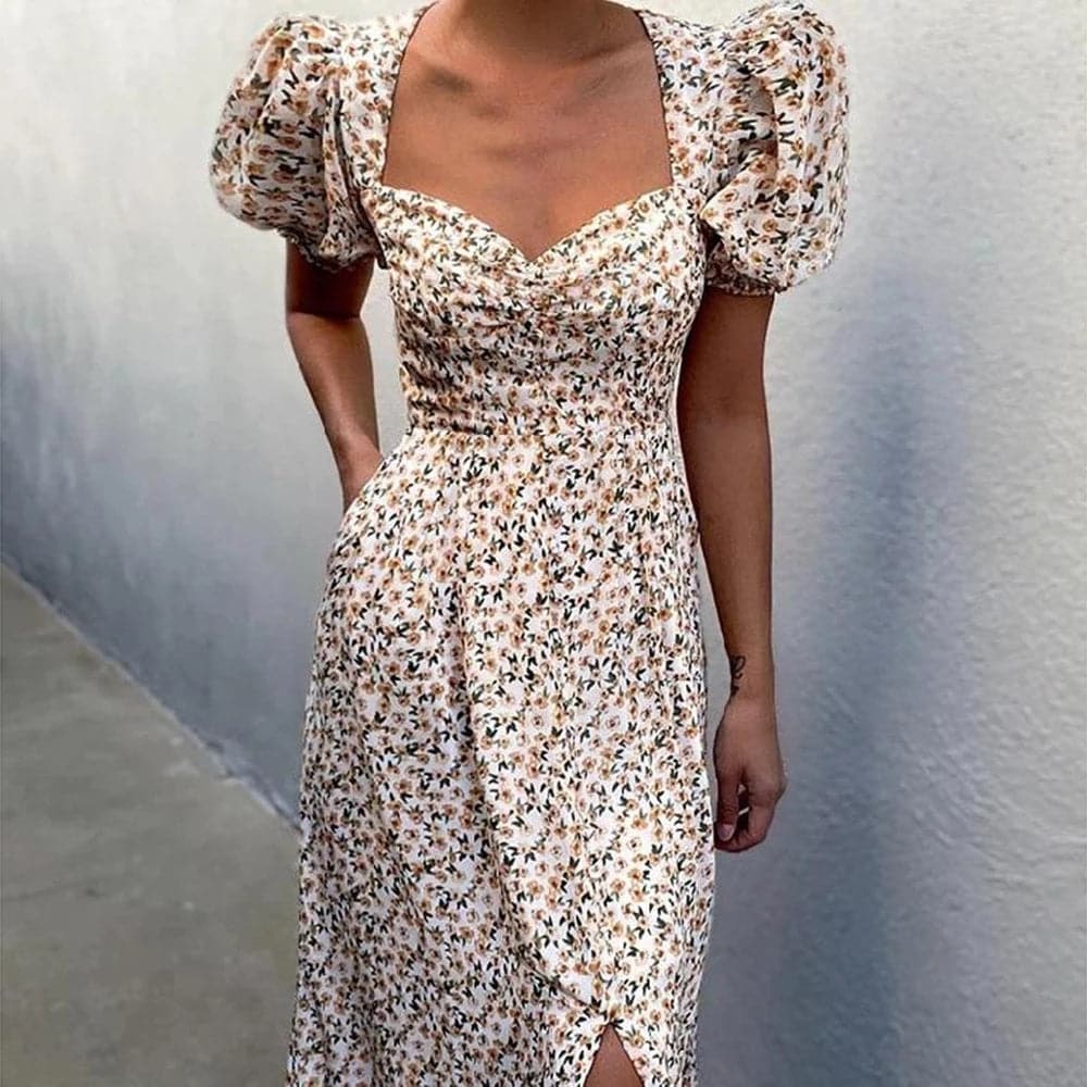 Women Elegant Floral Print Summer Dress Vneck Puff Sleeve Split Midi Dress