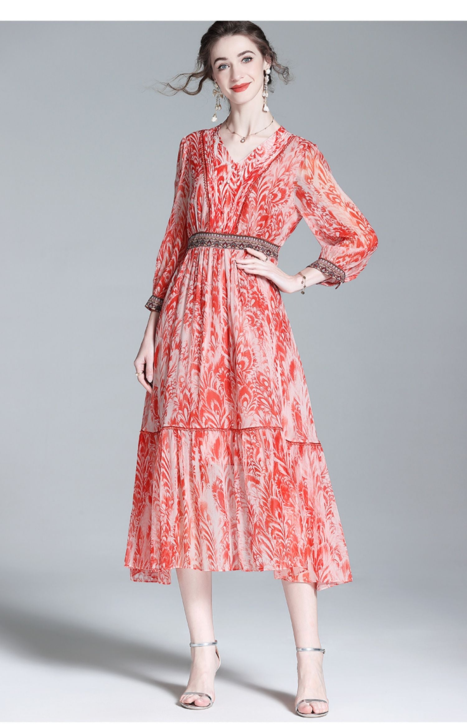 Casual Embroidery Floral Silk Ruffled V-Neck Midi Dress