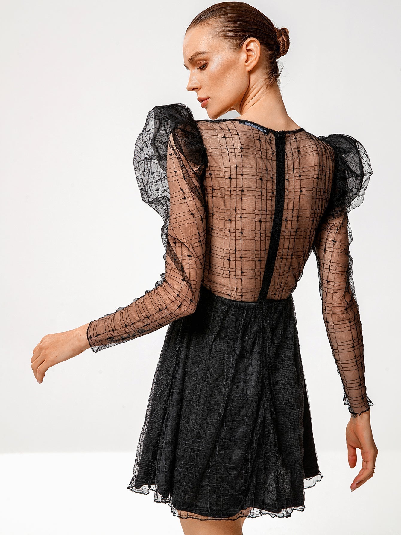 Women Fashion See Through sexy butterfly dot embroidery lace dress short skirt Gigot sleeve dress