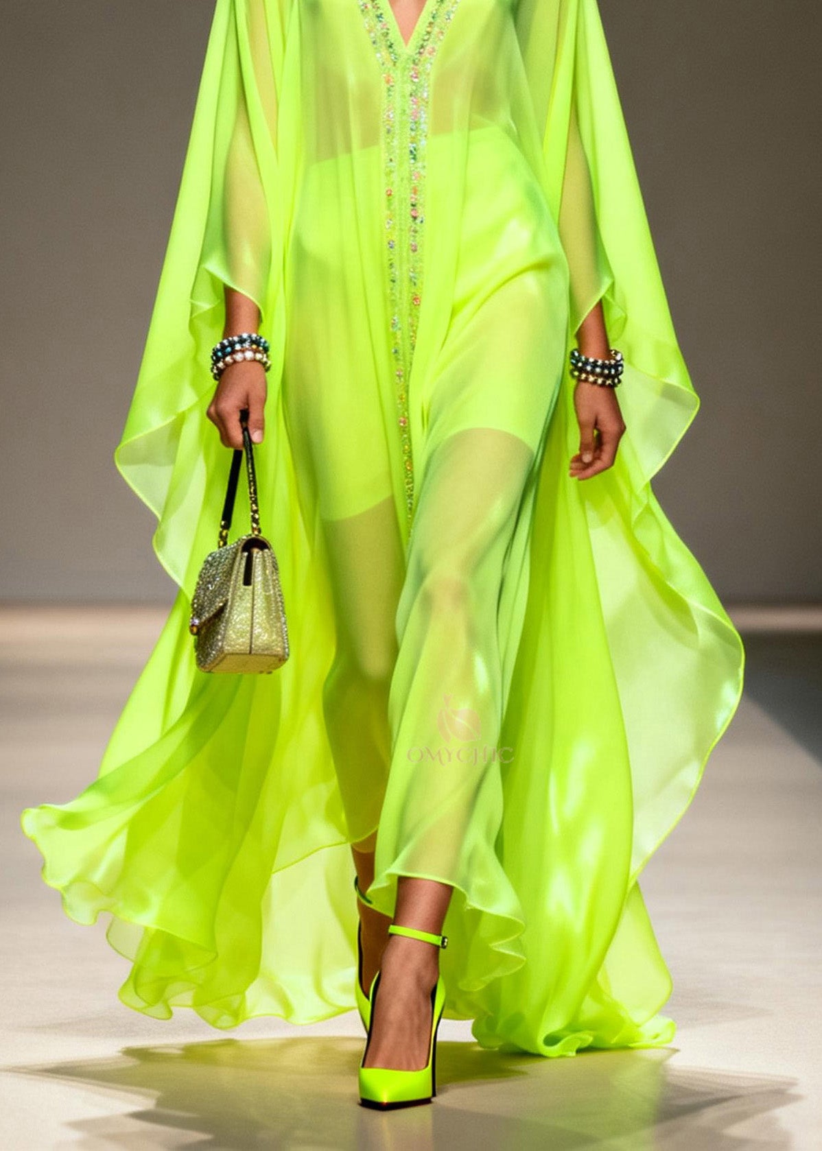 Women Fluorescent Green V Neck Zircon Chiffon Robe Dresses Summer