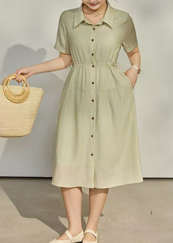 Women Green Cinched Cotton Long Dress Summer