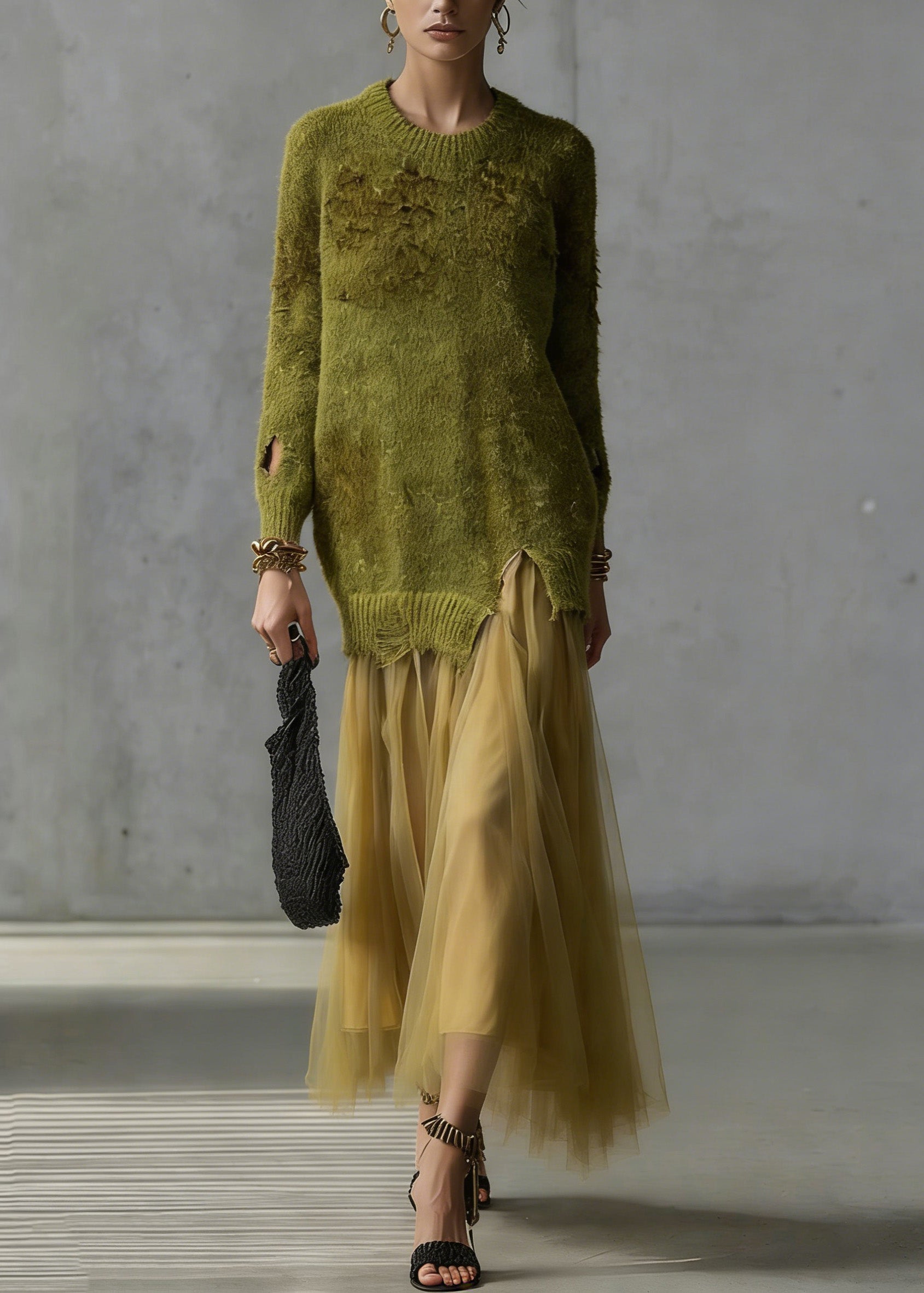 Women Green O Neck Tulle Patchwork Knit Dresses Spring