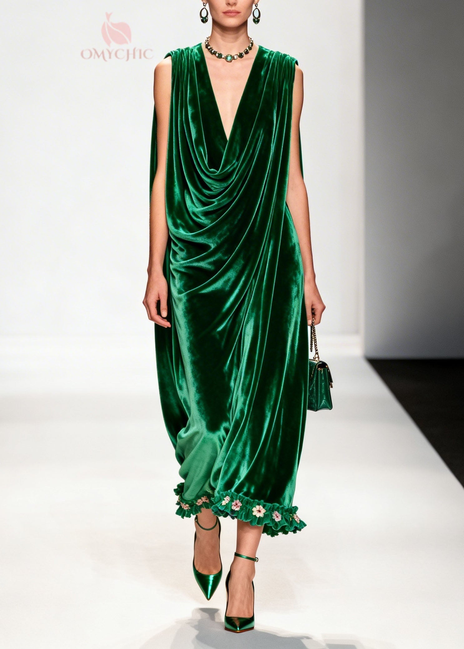 Women Green Ruffled Floral Patchwork Velvet Ankle Dress Sleeveless