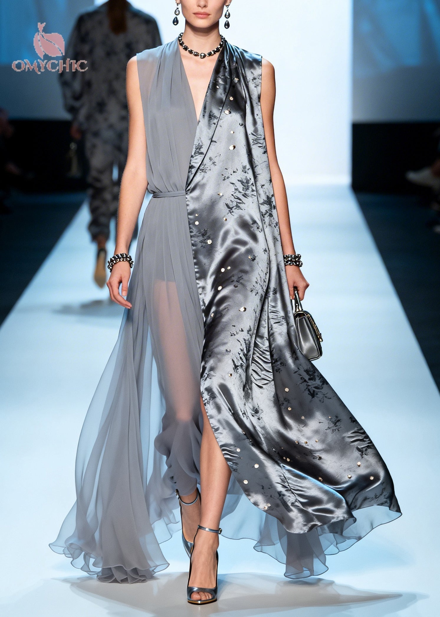 Women Grey Asymmetrical Patchwork Chiffon Fake Two Piece Dress Summer