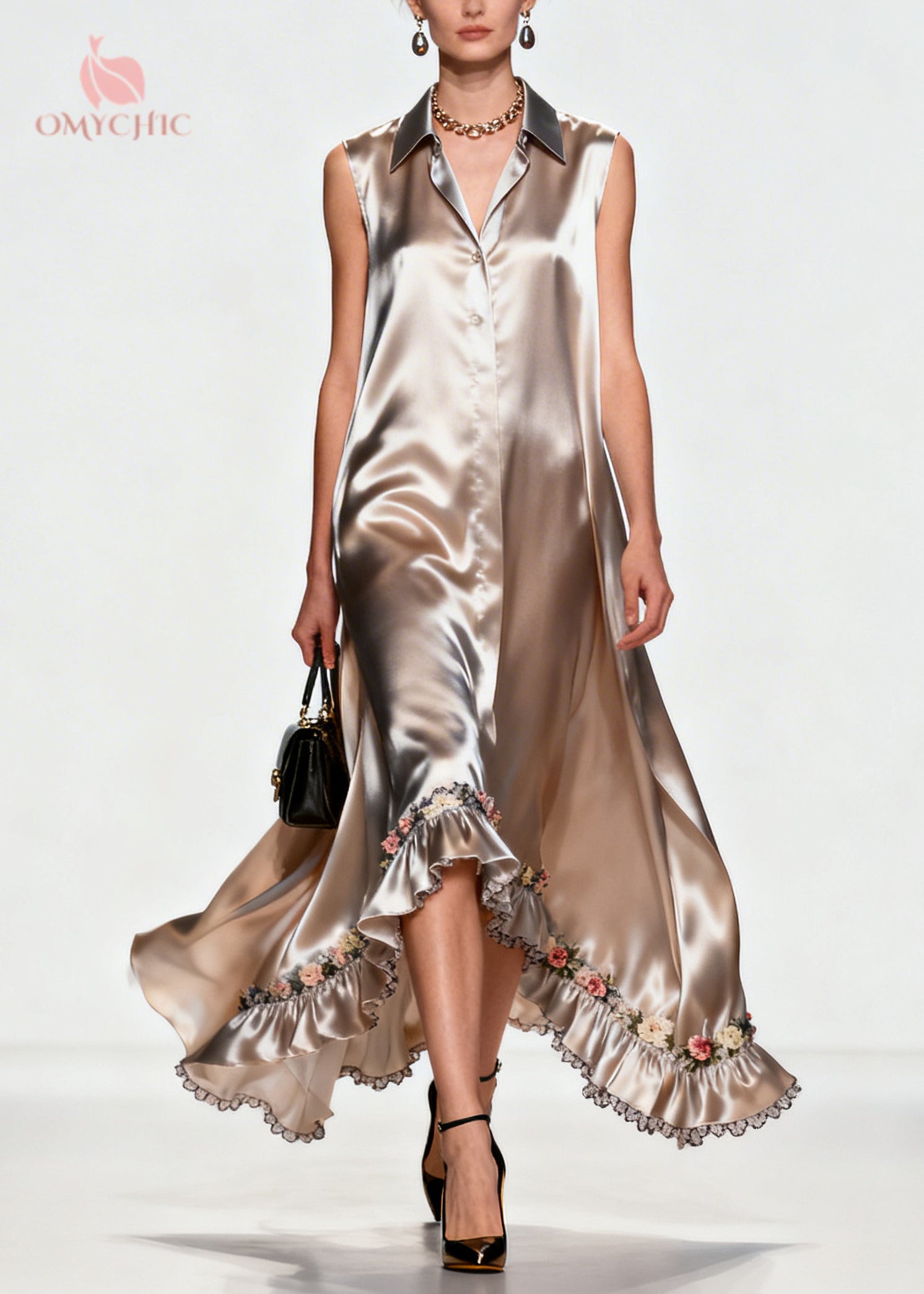 Women Khaki Ruffled Floral Silk Robe Dresses Sleeveless