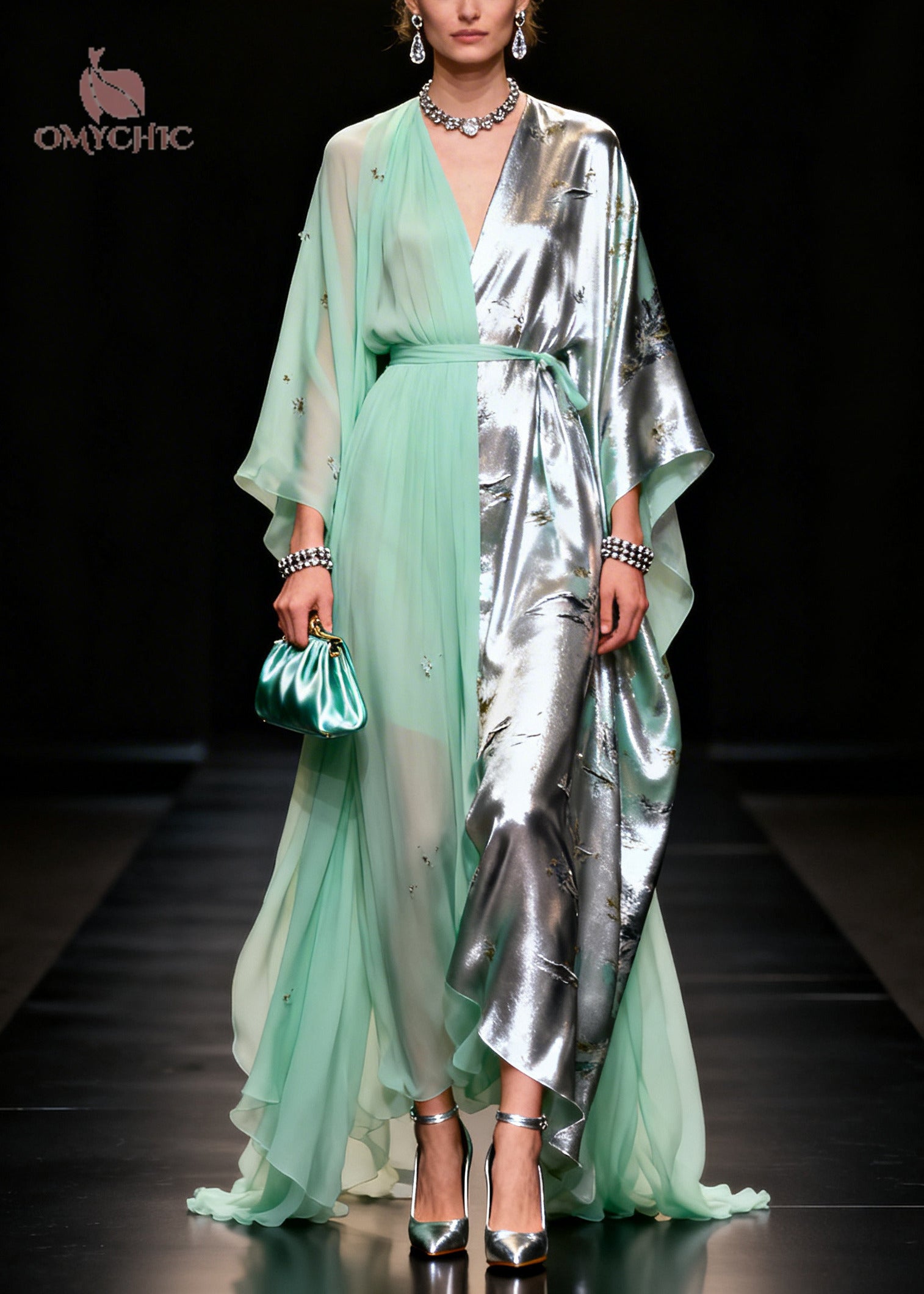 Women Light Green Asymmetrical Patchwork Jacquard Chiffon Party Dress Summer
