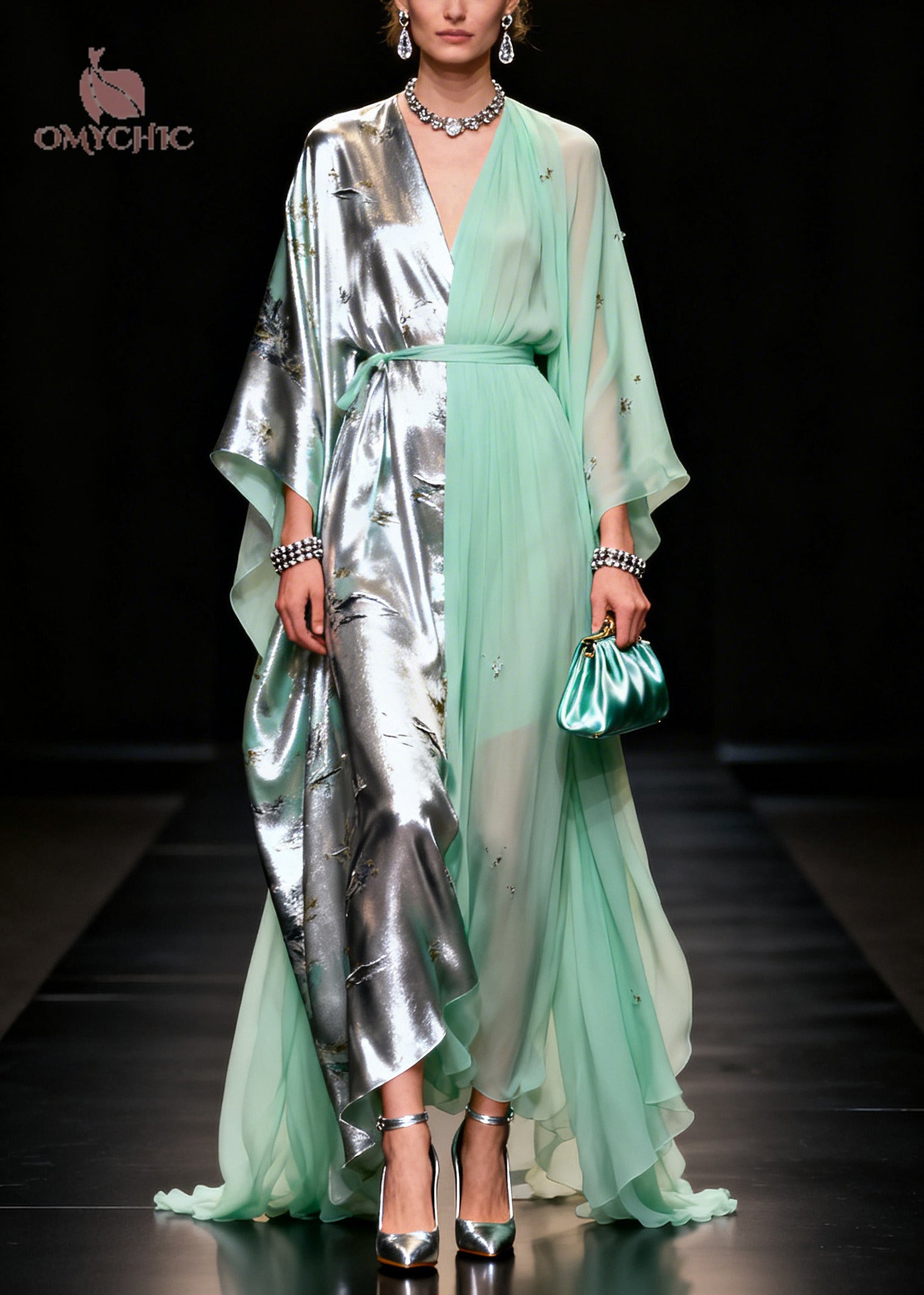 Women Light Green Asymmetrical Patchwork Jacquard Chiffon Party Dress Summer