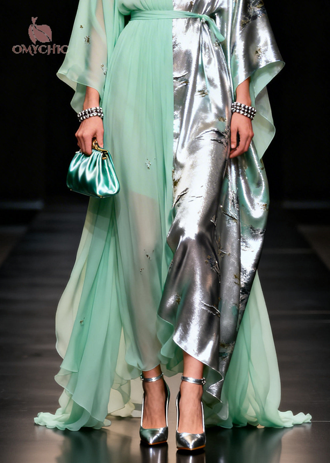 Women Light Green Asymmetrical Patchwork Jacquard Chiffon Party Dress Summer