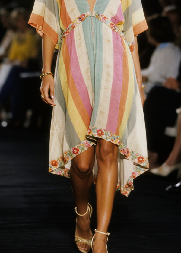 Women Multicolored V Neck Patchwork Cotton Mid Dress Summer