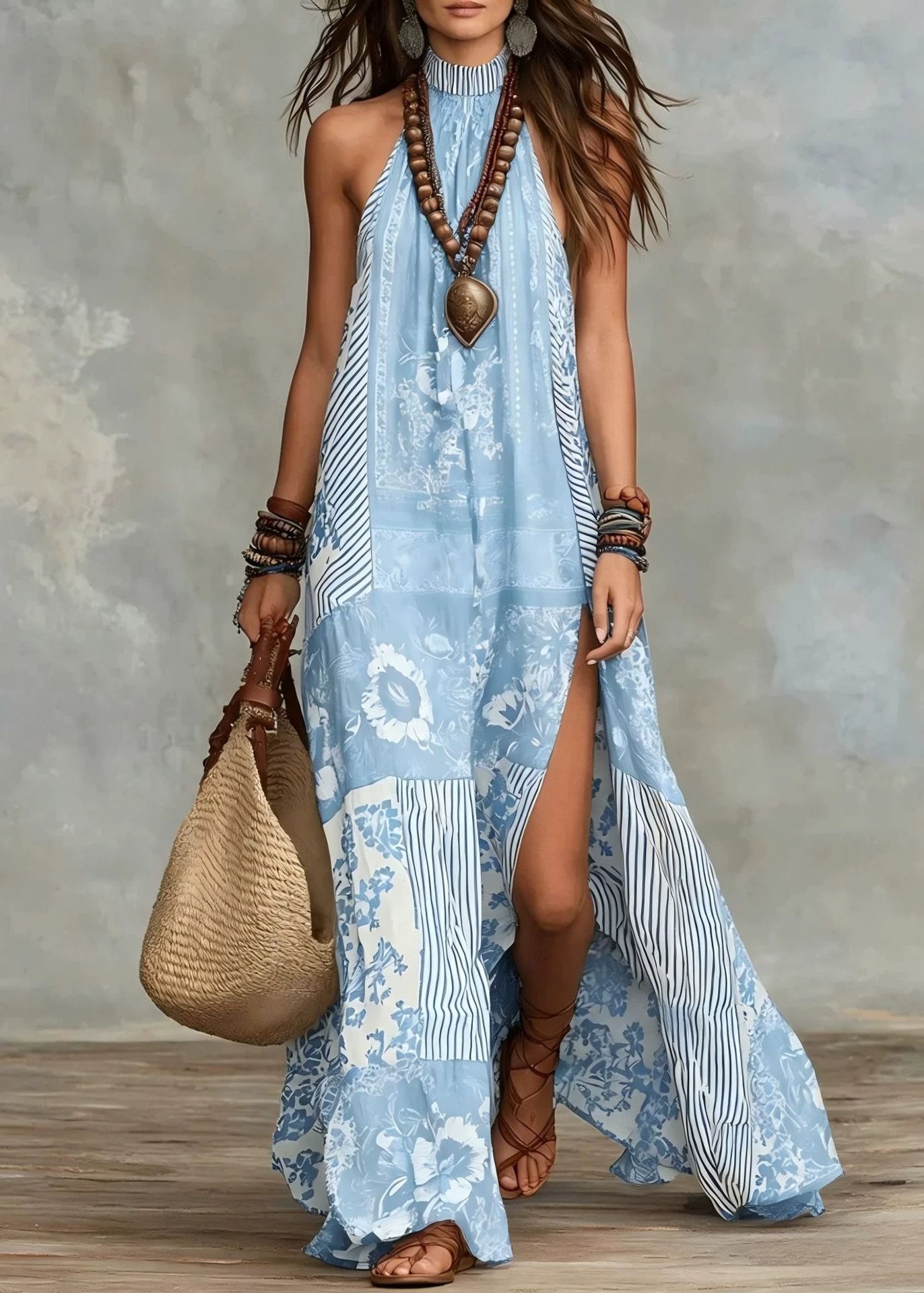Women Navy Print Side Open Cotton Long Dress Sleeveless