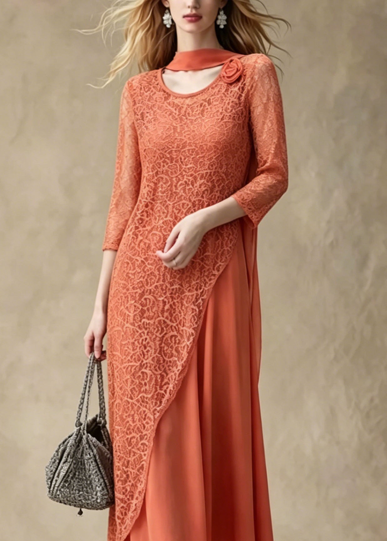 Women Orange Asymmetrical Lace Long Smock And Chiffon Dress 2 Piece Outfit Summer