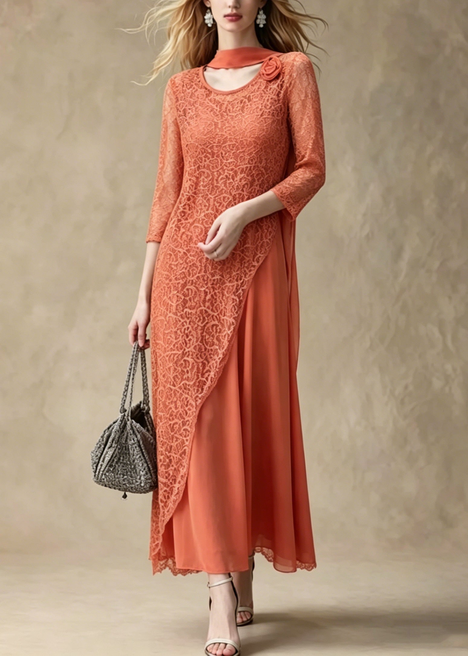 Women Orange Asymmetrical Lace Long Smock And Chiffon Dress 2 Piece Outfit Summer